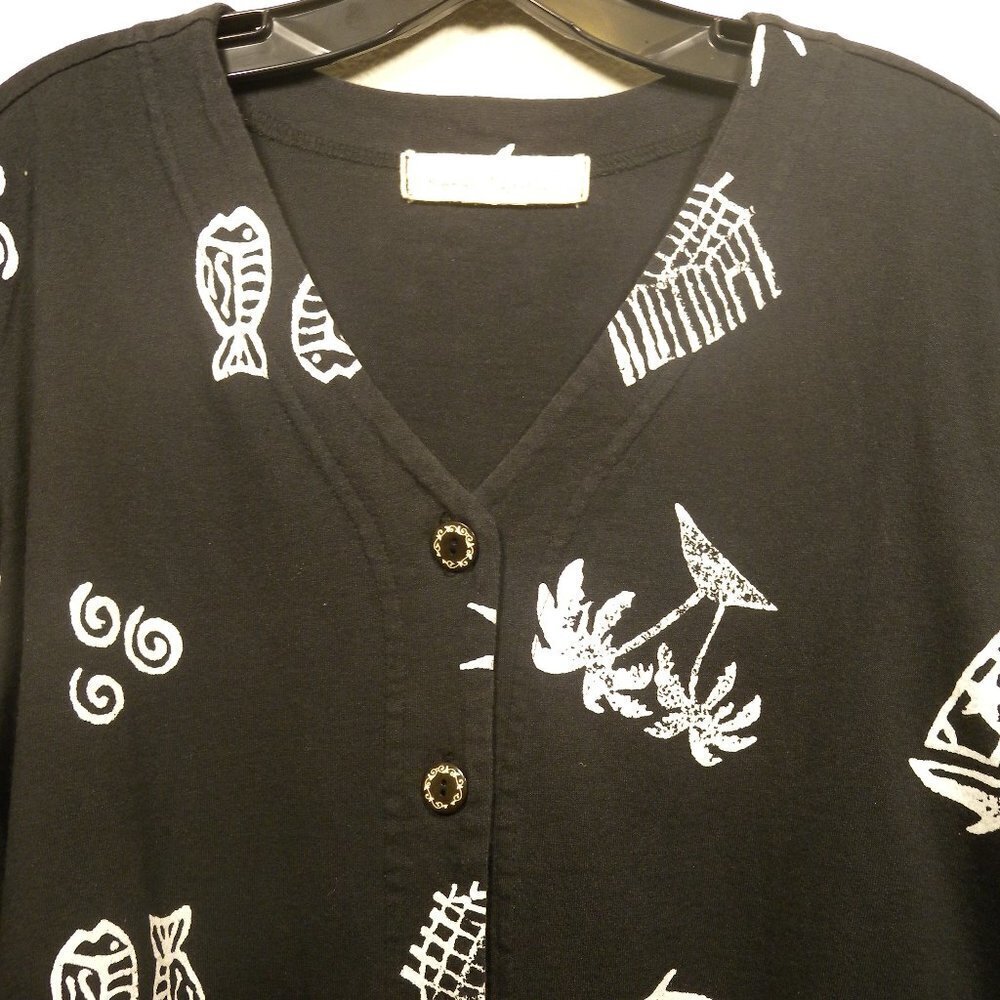 Sarah Bentley Pisces Black & White Short Sleeve Button Up Shirt SZ 1X - Picture 4 of 13